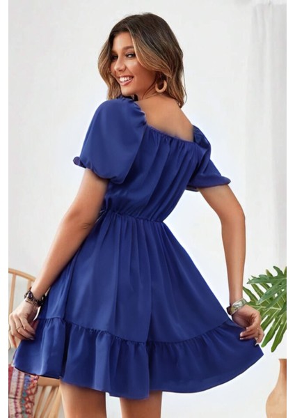 Saks Mavi Carmen Yaka Fırfırlı Diz Üstü Gipeli Aerobin Elbise 95 cm