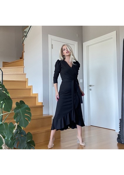 Krep Kumaş Midi Boy Kuşaklı Uzunkol Elbise 113 cm fiyatları