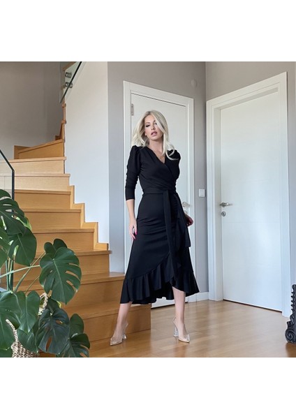 Krep Kumaş Midi Boy Kuşaklı Uzunkol Elbise 113 cm modelleri