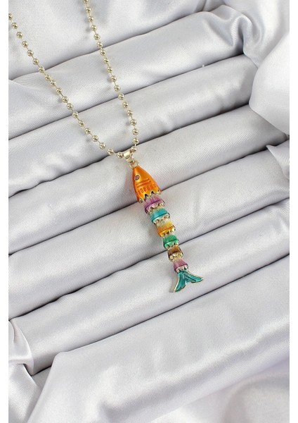 Pirinç Rainbow Balık Model Zirkon Taşlı Gold Renk Kadın Kolye
