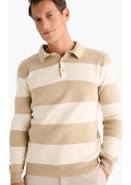 Standart Fit Polo Yaka Düğmeli Renk Bloklu Triko Kazak Y4194AZ24WN