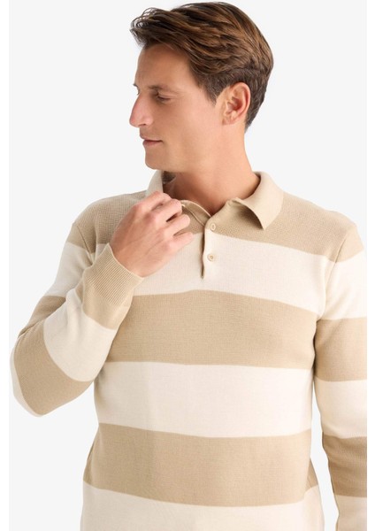 Standart Fit Polo Yaka Düğmeli Renk Bloklu Triko Kazak Y4194AZ24WN fırsatları