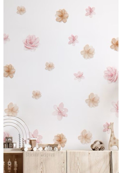 Elite Soft Pembe Soft Kahverengi Tonlarda Çiçekler Dekoratif Çiçek Duvar Sticker Seti 1 Adet