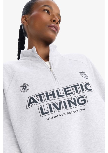 Fit Oversize Geniş Kalıp Dik Yaka Slogan Baskılı Sporcu Sweatshirt D7754AX25SP