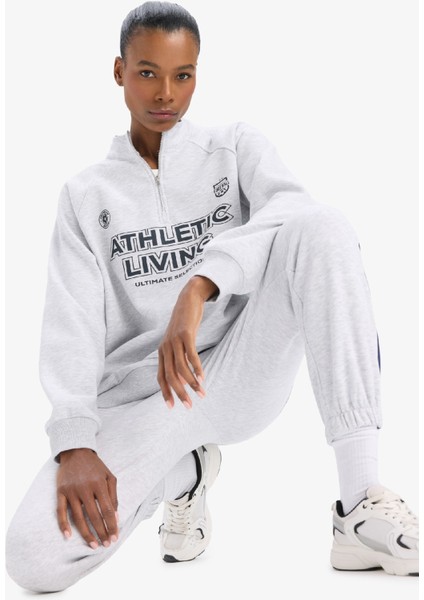Fit Oversize Geniş Kalıp Dik Yaka Slogan Baskılı Sporcu Sweatshirt D7754AX25SP