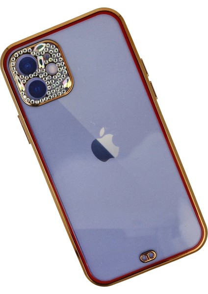 Newface iPhone 12 Kılıf Liva Taşlı Silikon - Kırmızı