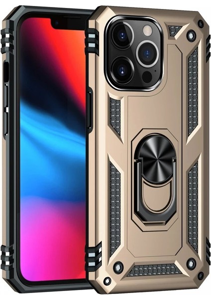 Newface iPhone 13 Pro Max Kılıf Sofya Yüzüklü Silikon Kapak - Gold