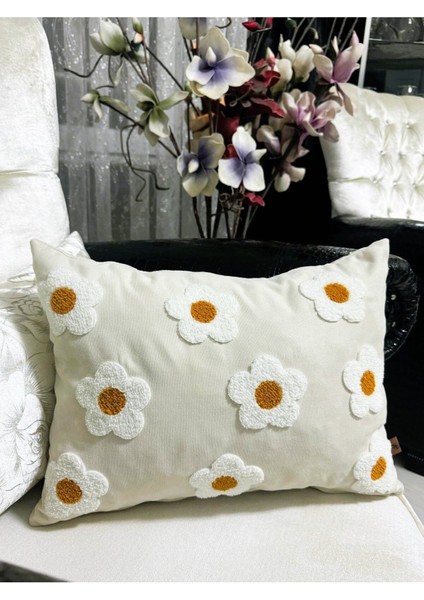 Elite Keten Kumaş 35*50 Papatya Desen Punch Kırlent Kılıfı (Panç) 1 Adet