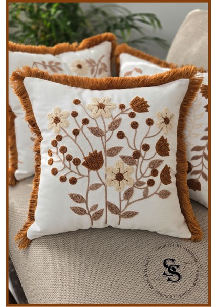 Elite Beauty Flowers Punch Nakış Desenli Keten Kırlent Kılıfı 1 Adet