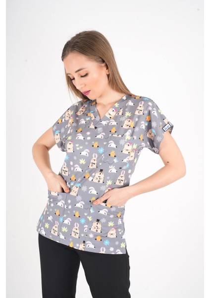 Unisex Snack Time Desenli Doktor Hemşire Cerrahi Scrubs Üniforma Takım