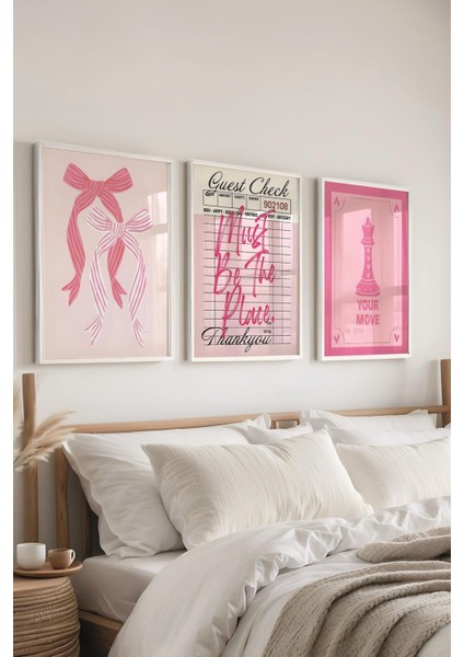 Elite Beyaz Çerçeveli Tablo Seti, Pembe Illustrasyon Duvar Tablosu, 3 Adet Poster Seti, NO:300788 1 Adet