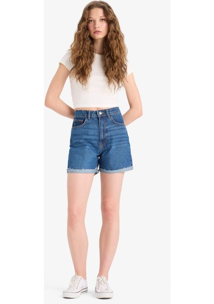 Mom Fit Yüksek Bel Paçası Katlamalı Fit Jean Şort E0924AX25SM