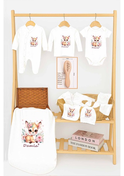 Kız Bebek %100 Pamuk Baskılı Isimli Organik Yenidoğan Hastane Çıkışı Isme Özel Fırça Hediyelik Set