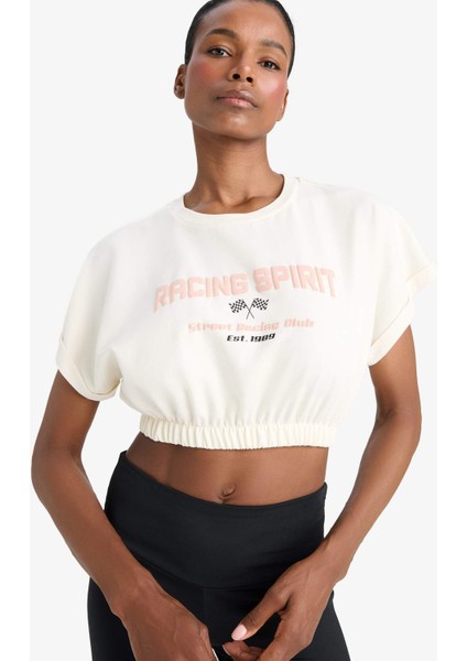 Defactofit Crop Bisiklet Yaka Slogan Baskılı Sporcu Kısa Kollu TIŞÖRT D9034AX25SP