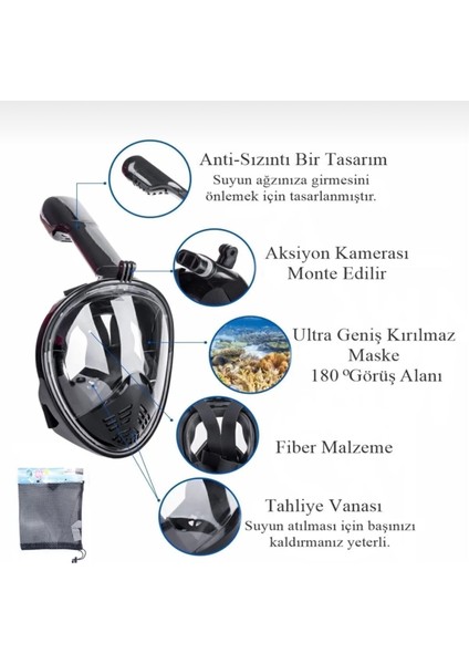 Lxl Beden Siyah Dalış Maskesi Tam Yüz Full Face Şnorkel Anti Sızıntı Ekipmanları 360 Görüntü Slikon fırsatları
