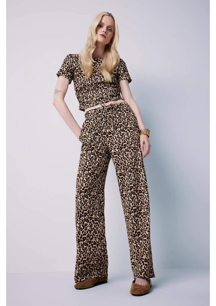 Straight Fit Leopar Desenli Cepli Bürümcük Pantolon E2837AX25SP