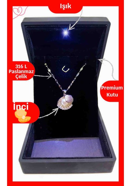 Işıklı Premium Kutuda Istiridye Inci Çelik Kolye