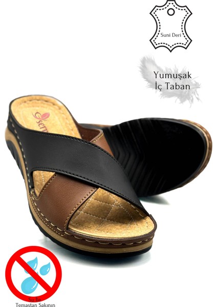 Çapraz Bant Yumuşak ve Hafif Kalın Tabanlı Kadın Terlik Spor Terlik 521/2 Siyah Taba modelleri