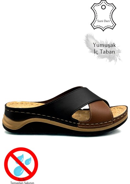 Çapraz Bant Yumuşak ve Hafif Kalın Tabanlı Kadın Terlik Spor Terlik 521/2 Siyah Taba