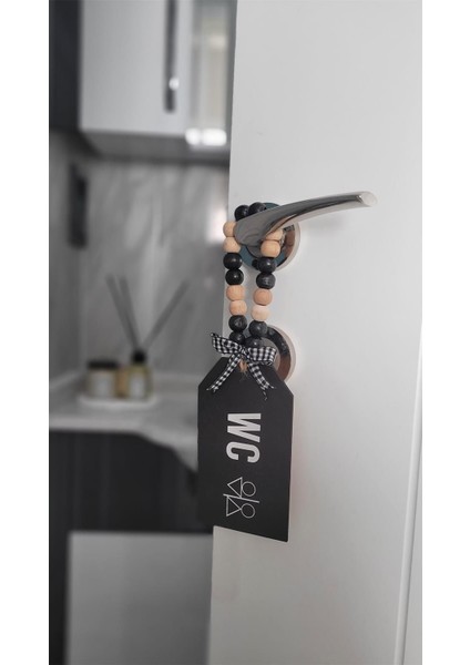 Elite Dekoratif Boncuklu Wc Yazılı Tuvalet Banyo Kapı Kolu Aksesuarı Ahşap Hediyelik Süs 1 Adet