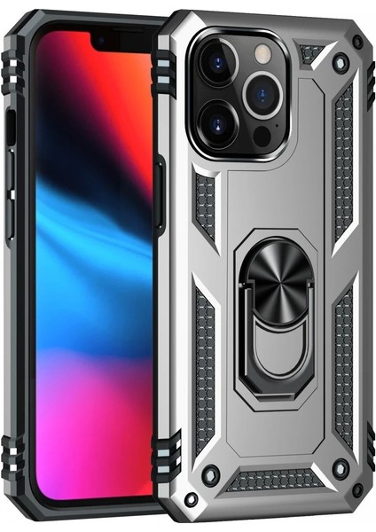 Newface iPhone 13 Pro Max Kılıf Sofya Yüzüklü Silikon Kapak - Gümüş
