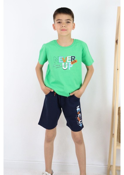Erkek Çocuk Şortlu Takım Yazı Baskılı Cepli 8-14 Yaş, Yeşil