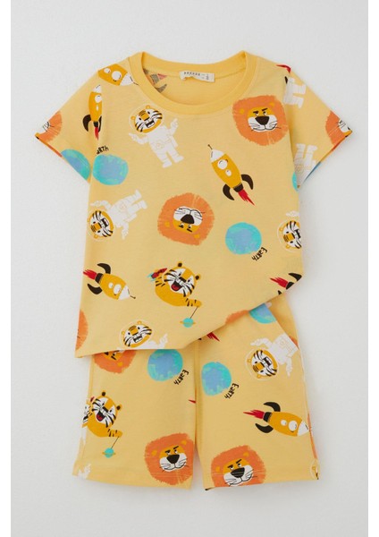 Erkek Çocuk Şortlu Takım Uzay Desenli Astronot Hayvancıklar Baskılı 1.5-5 Yaş, Sarı indirimleri