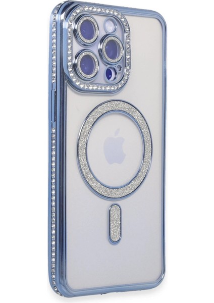 Newface iPhone 15 Pro Max Kılıf Joke Simli Magneticsafe Kılıf - Mavi