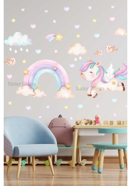 Elite Unicorn ve Gökkuşağı Set Çocuk Odası Duvar Sticker 1 Adet