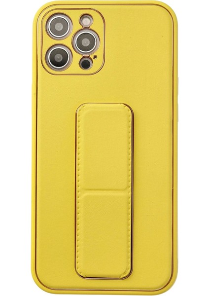 Newface iPhone 12 Pro Max Kılıf Coco Deri Standlı Kapak - Sarı