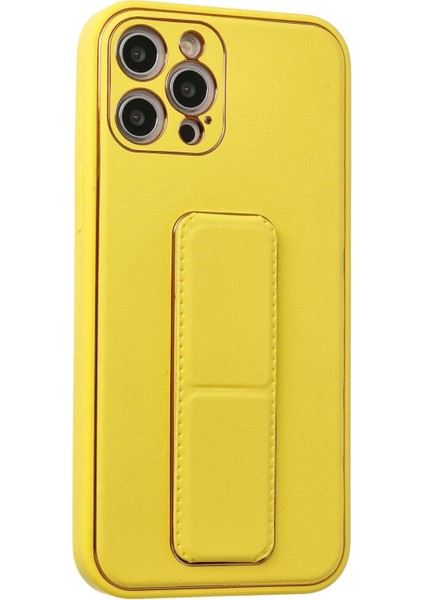 Newface iPhone 12 Pro Max Kılıf Coco Deri Standlı Kapak - Sarı
