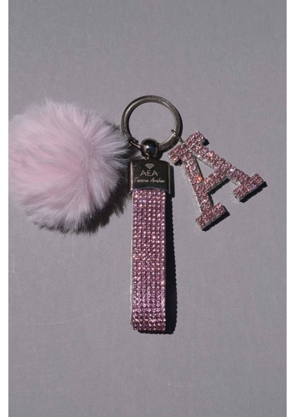 Elite Pembe Taşlı & Logosuz Anahtarlık & Minik Ponpon Açık Pembe & Pembe A Harf 1 Adet