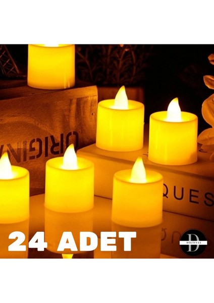 Elite Ledli Mum Tealight Işıklı Dumansız Alevli Sarı LED Mum Pilli 24 Adet Pil Dahil 1 Adet