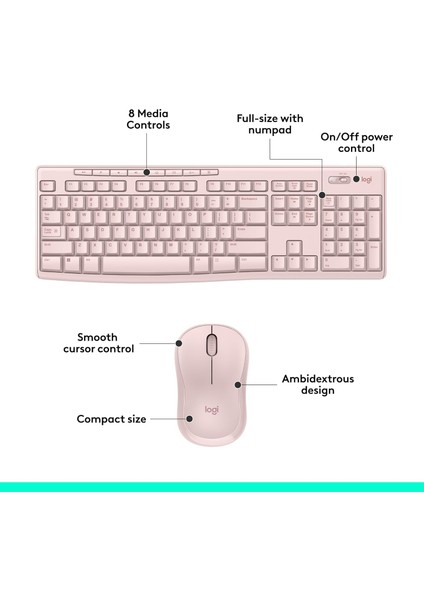 Logıtech MK270 Kablosuz USB Alıcılı Q Klavye Mouse Seti, Gül Kurusu
