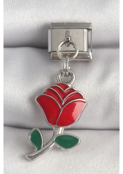 316L Çelik Gümüş Renk Sallantı Kırmızı Gül Model Nomination Charm