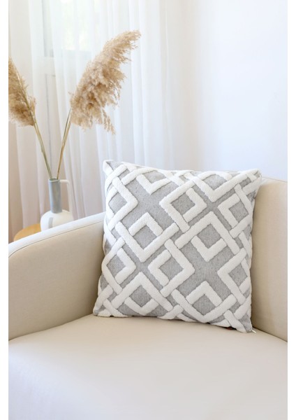 Gri Punch Desenli Dekoratif Kırlent Kılıfı – Pamuk ve Mikro Polyester, Çift Taraflı, Gizli Fermuarlı