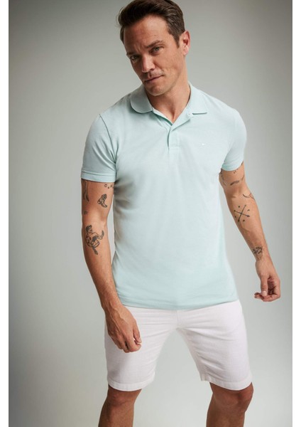 %100 Pamuk Slim Fit Dar Kesim Polo Yaka Kısa Kollu Pamuklu Nakışlı Pike Tişört E2633AX25SM