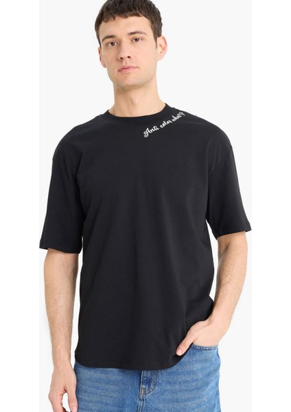%100 Pamuk Boxy Fit Bisiklet Yaka Yaka Baskılı Kısa Kollu Tişört C2135AX25SM