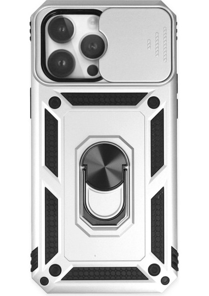 Newface iPhone 14 Pro Max Kılıf Pars Lens Yüzüklü Silikon - Gümüş