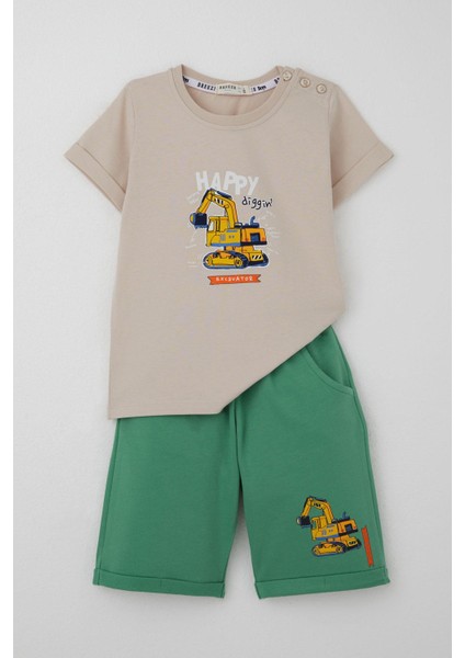 Erkek Çocuk Şortlu Takım Iş Makinası Baskılı 1-4 Yaş, Bej