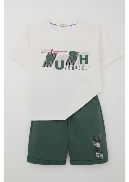 Kız Çocuk Şortlu Takm Yazı Baskılı Beli Lastikli Cepli 6-12 Yaş, Ekru