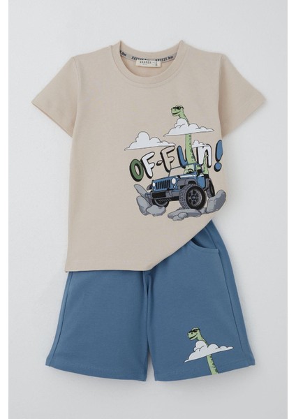 Erkek Çocuk Şortlu Takım Maceracı Dinozor Baskılı 2-6 Yaş, Bej