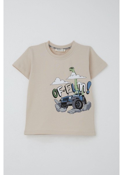 Erkek Çocuk Şortlu Takım Maceracı Dinozor Baskılı 2-6 Yaş, Bej