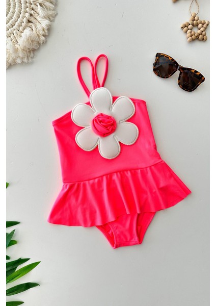 Neon Papatya Aplikeli Kız çocuk mayo - Pembe