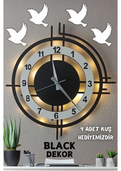 Elite Black Dekor - Beyaz Siyah LED Işıklı Duvar Saati | Modern Şık 50 cm Dekoratif Duvar Saati 1 Adet