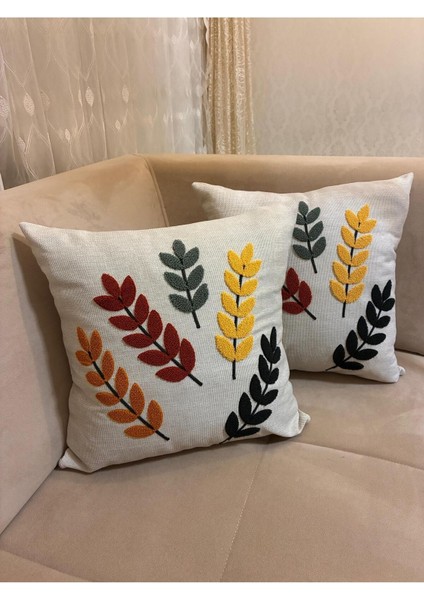 Elite Punch Panç Nakışlı 2ADET Kırlent Kılıfı 43X43CM Dekoratif Keten Kırlent Kılıfı 1 Adet