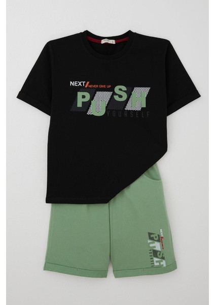 Kız Çocuk Şortlu Takm Yazı Baskılı Beli Lastikli Cepli 6-12 Yaş, Siyah