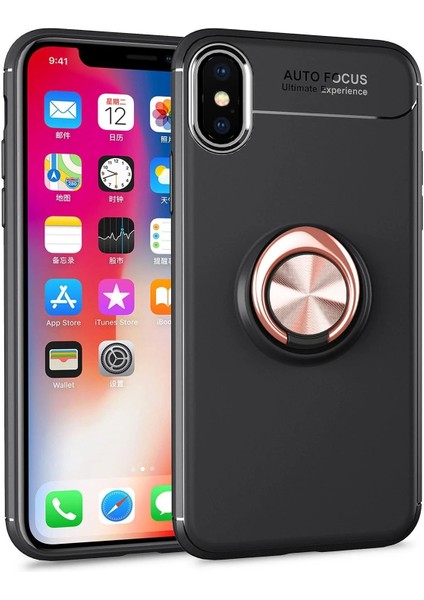 Newface iPhone Xs Max Kılıf Range Yüzüklü Silikon - Siyah-Gold
