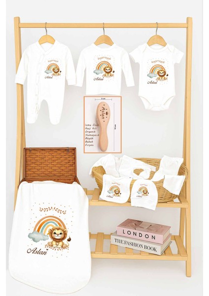 %100 Pamuk Aslan Isme Özel Organik Baskılı Hastane Çıkışı Yenidoğan Isimli Fırça Hediyelik Set