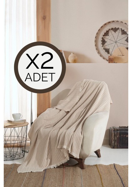 Elite Vera Bej 2 Adet Koltuk Berjer Örtüsü Şalı 150 x 200 cm Tv Battaniyesi Throw Pamuklu 1 Adet
